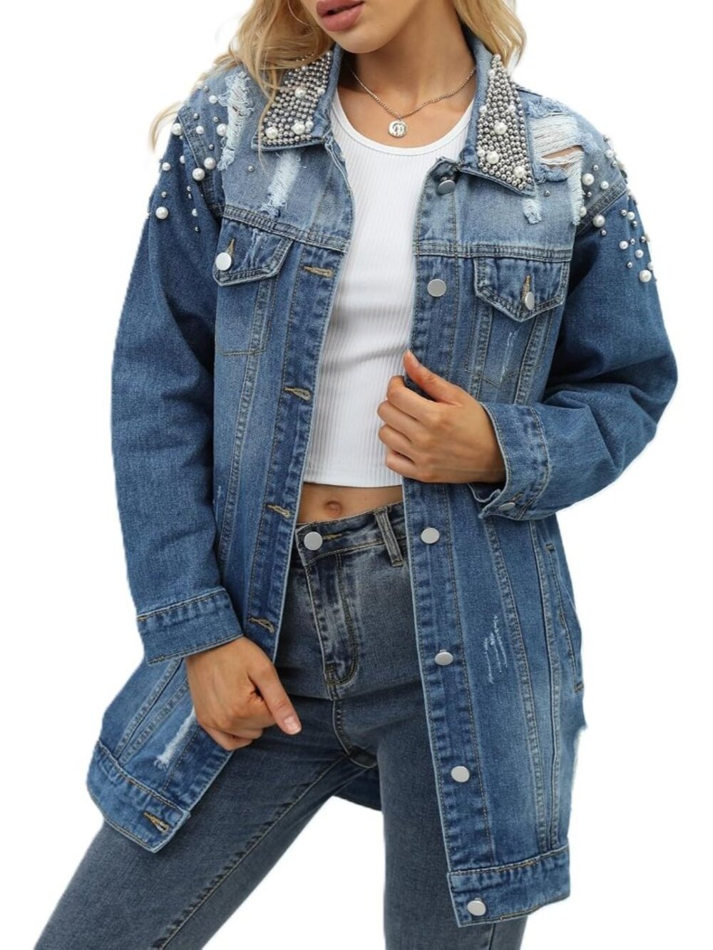 Women's Blue Long Sleeve Button Down Pearl Jacket Boyfriend Long Denim Coat